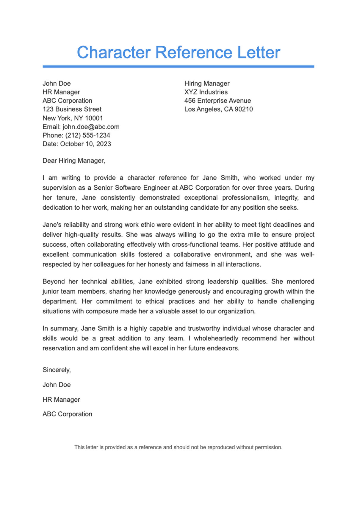 Character reference letter template for employee with blue header and placeholder fields_variant_1